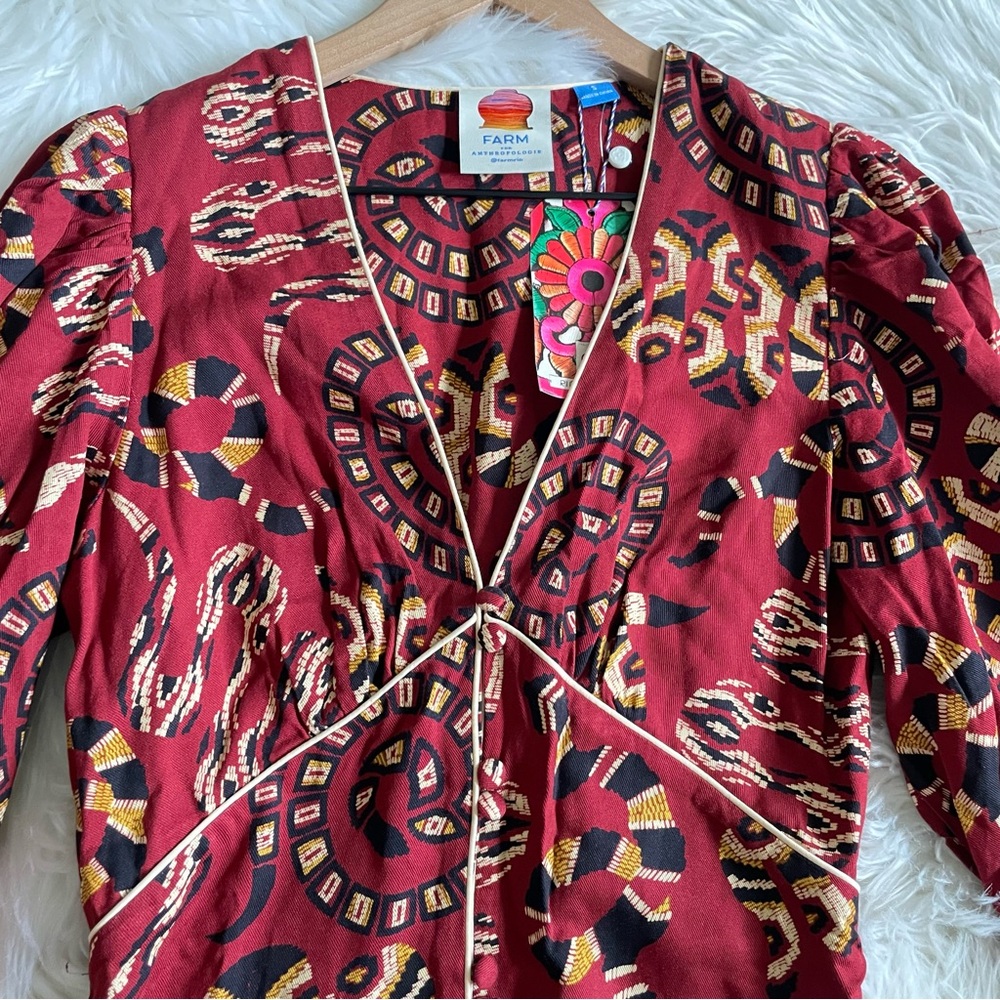 FARM Rio Burgundy Patterned Long Sleeve Mini Dress - Picture 10 of 16